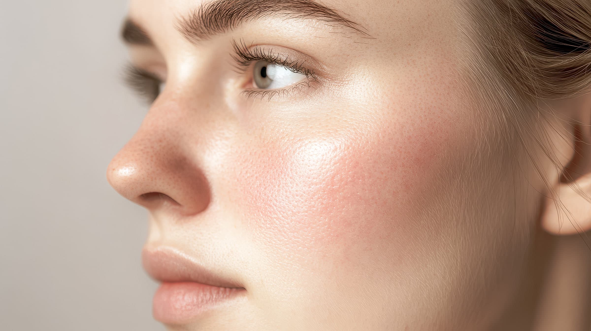 Close-up of facial redness and flushing across the cheek
