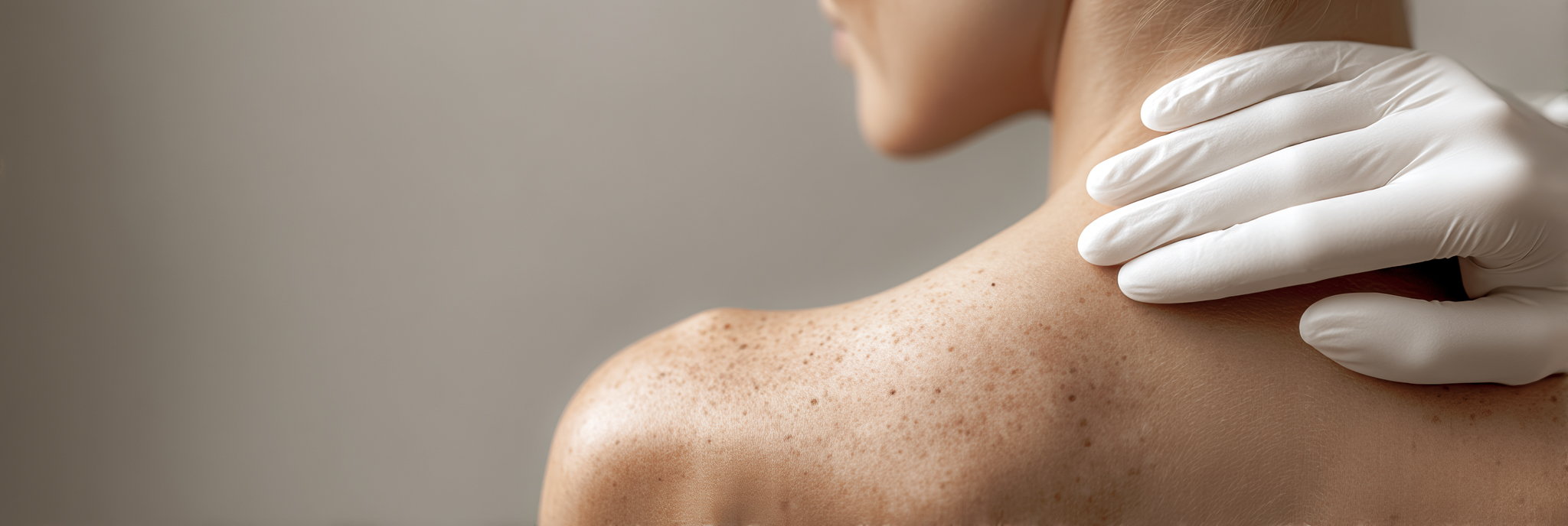 Dermatologist examining patient's skin for moles and sun damage