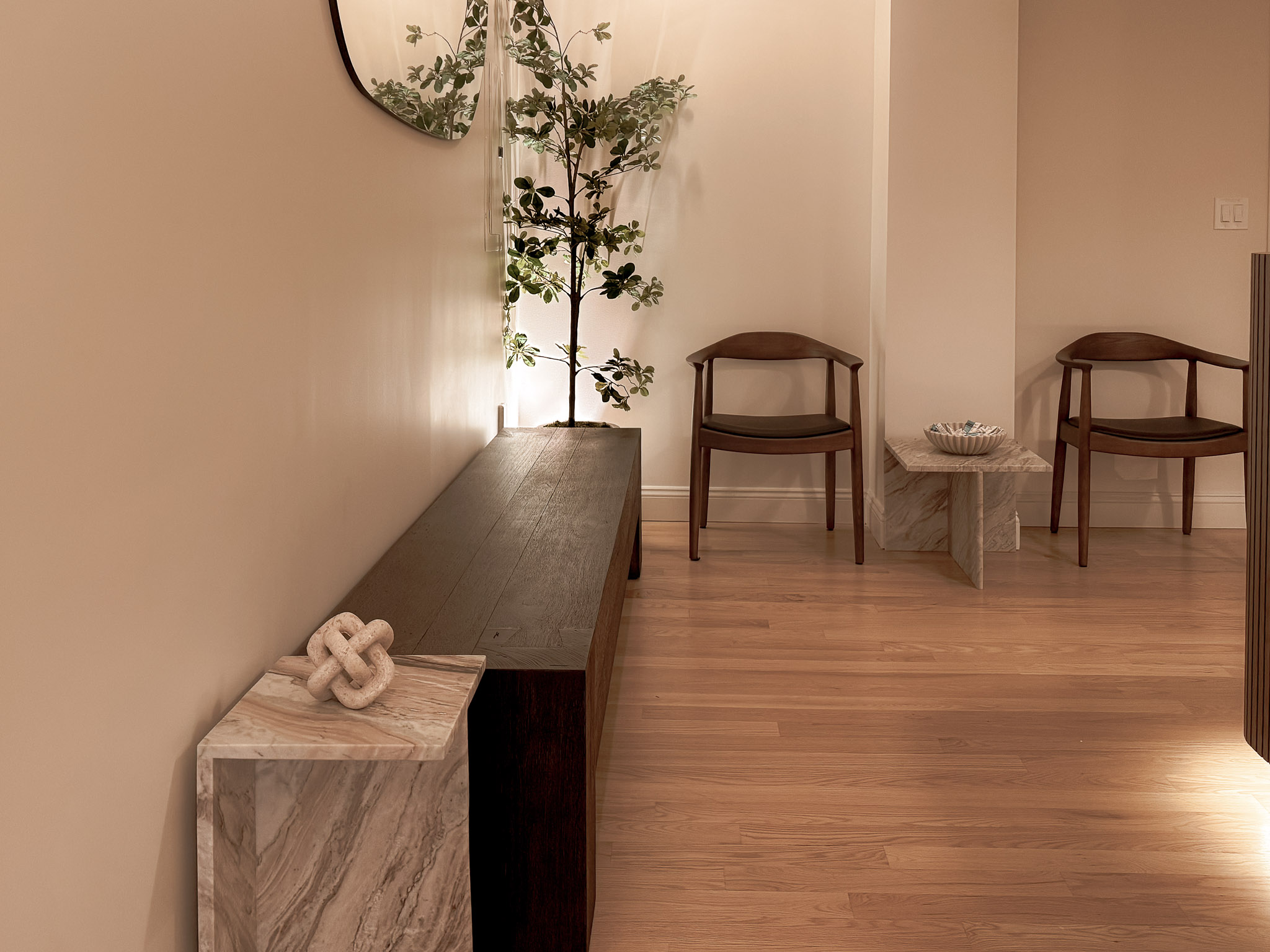 Serene waiting area with modern mirror, natural plant, and elegant wooden seating